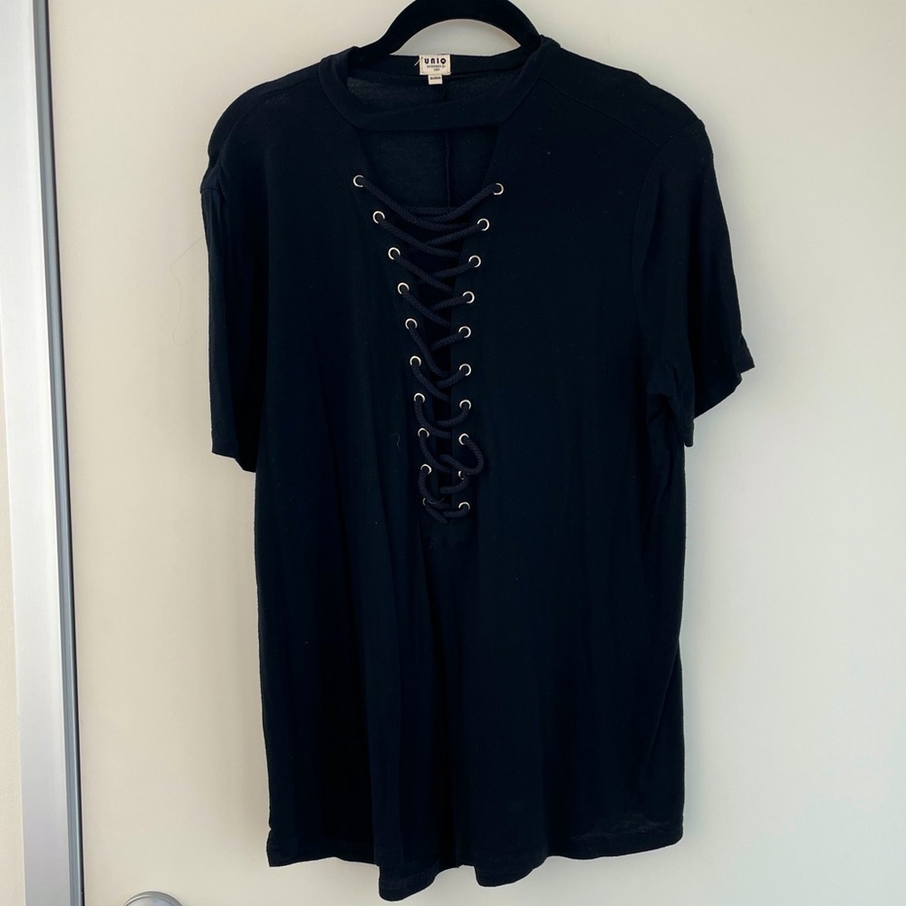 Plunging neckline lace up t shirt